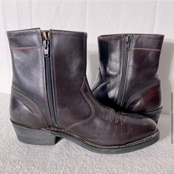 Vintage Burgundy Leather Western Style Round Toe Ankle Boots 7.5 - Picture 7 of 15